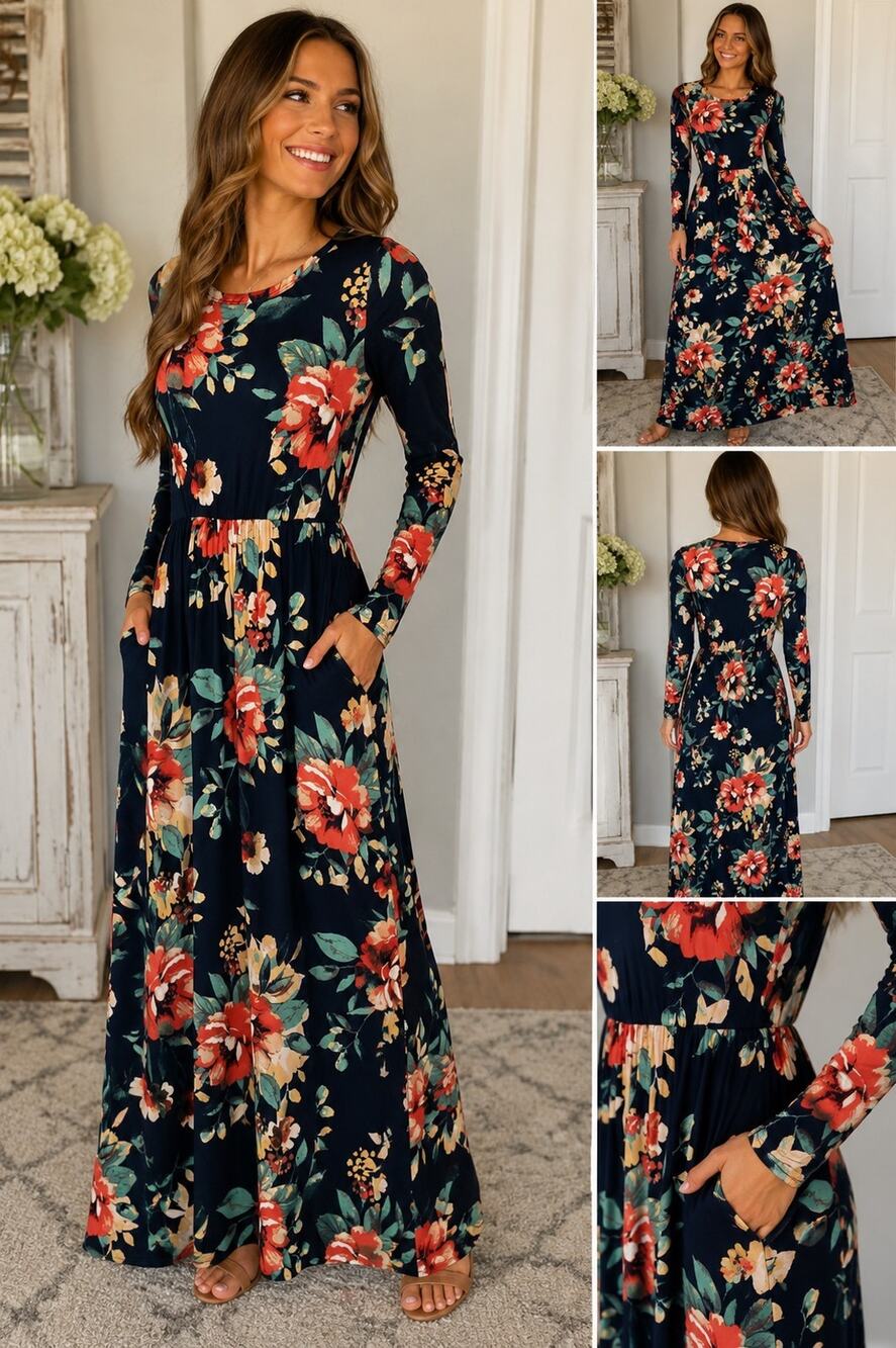 ODDI Womens Small Floral Maxi Dress Long Sleeve Navy Blue Pockets Boho USA